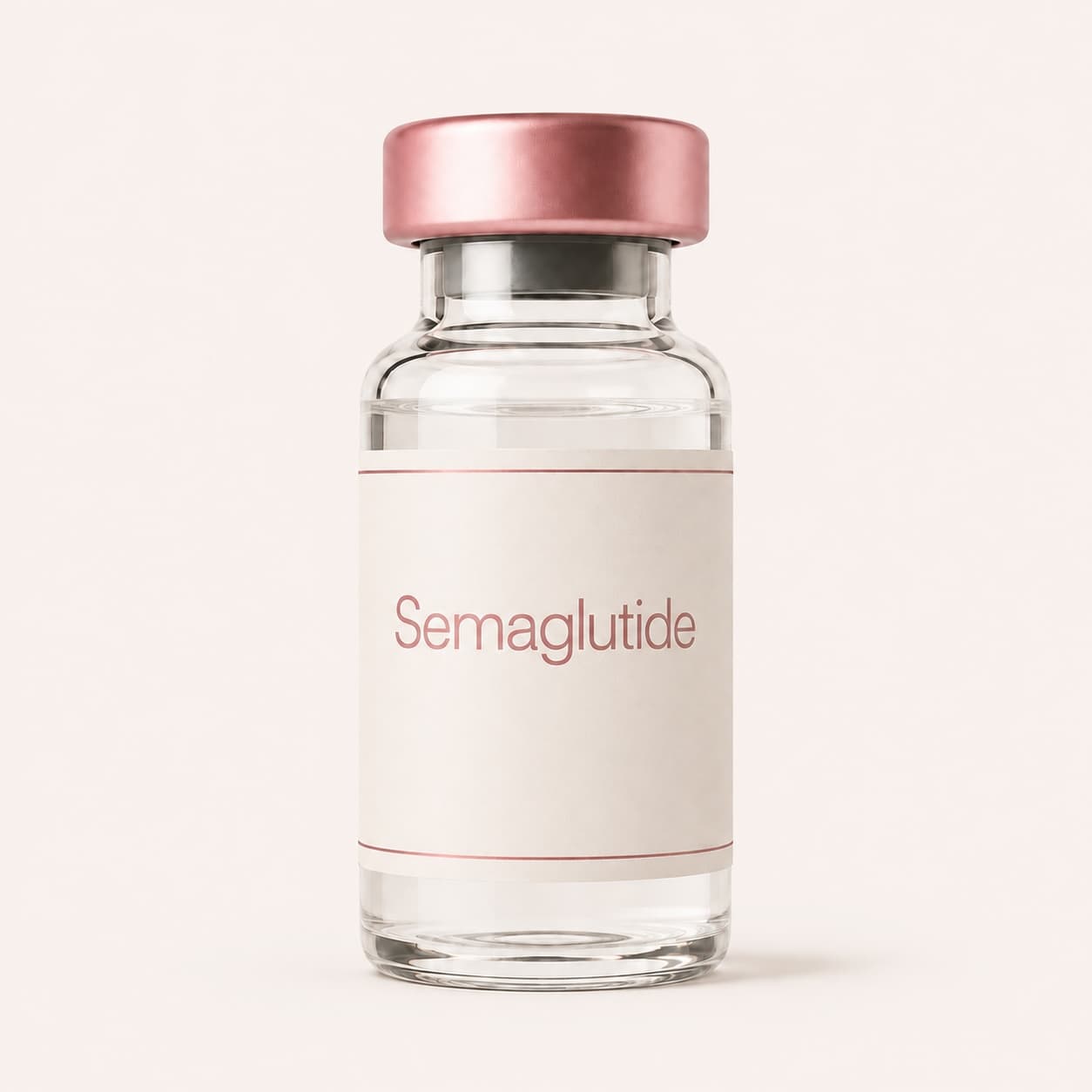 A GloWellness Semaglutide vial with a rose-gold cap, shown upright.