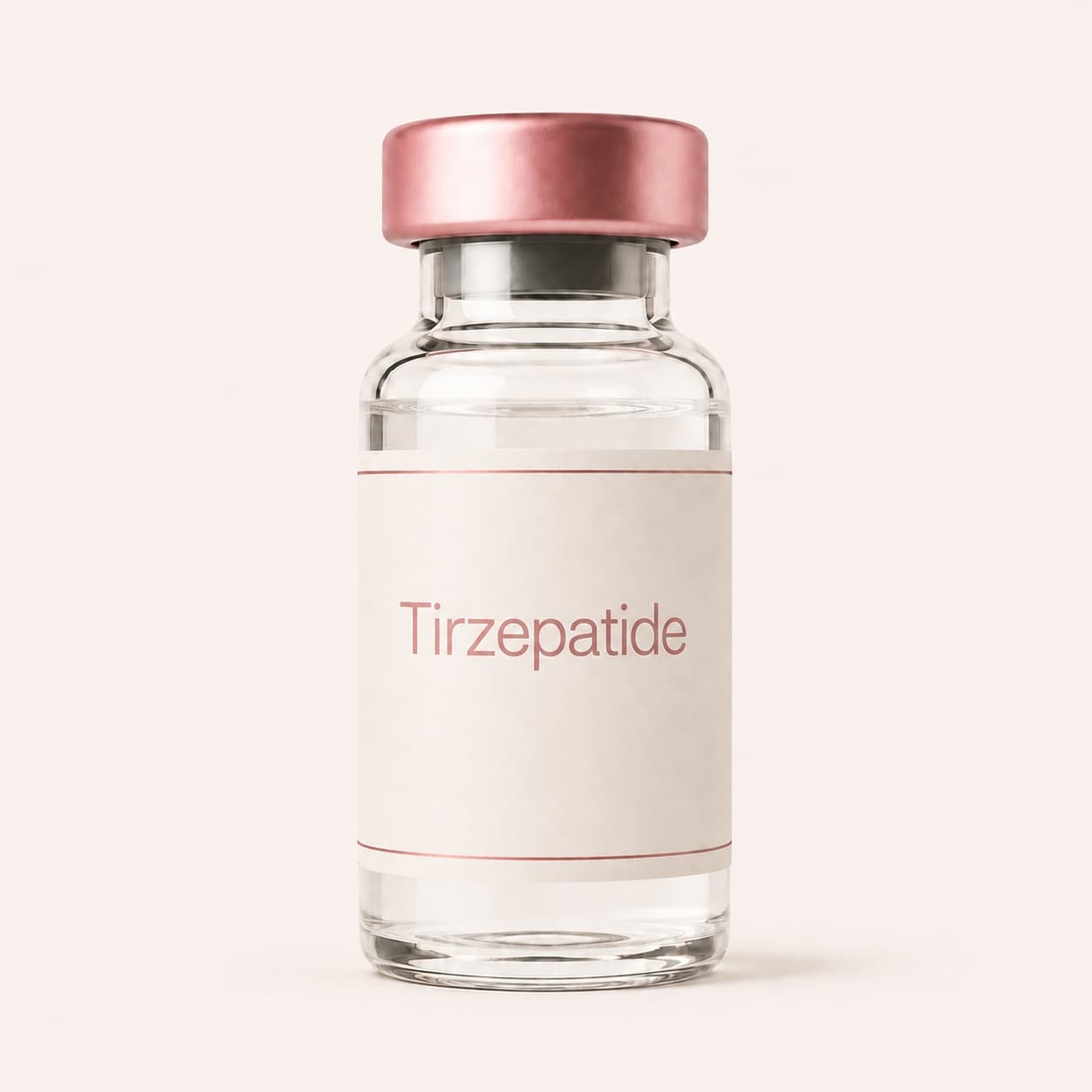 A GloWellness Tirzepatide vial with a rose-gold cap, shown upright.